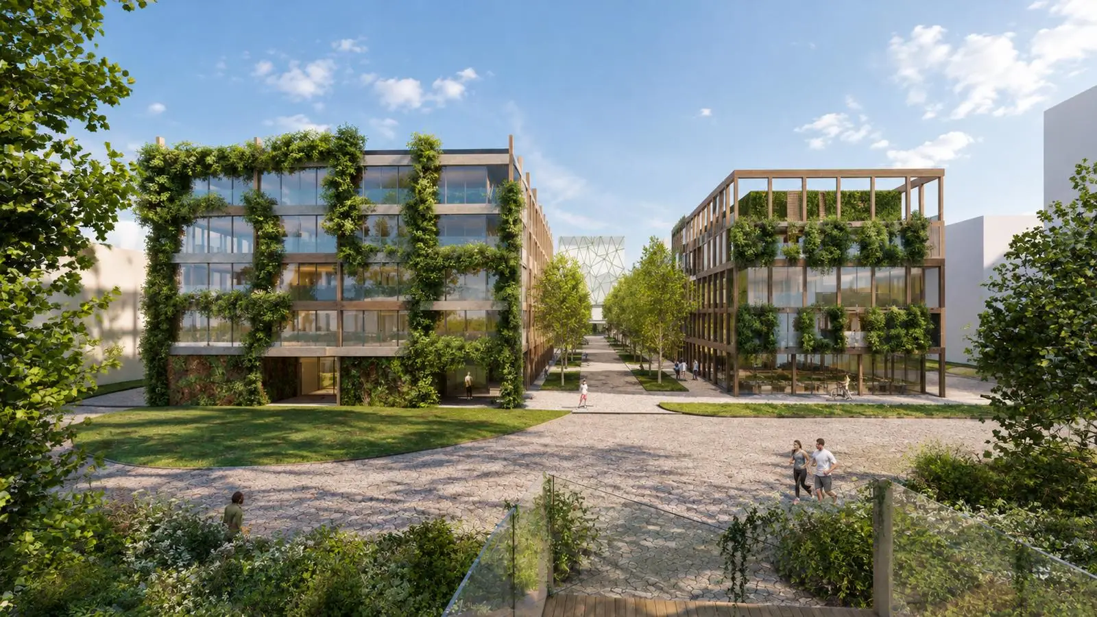 Architekturvisualisierung eines begrünten Gebäudeensembles