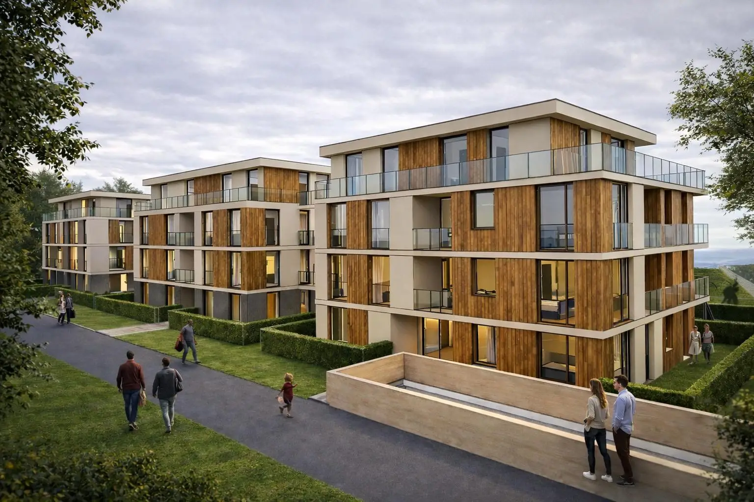 Architekturvisualisierung eines Wohnensembles mit mehreren Gebäuden